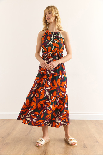 Olalook Women's Purple Orange Halter Neck Belted Woven Viscon Dress Elb-19001548