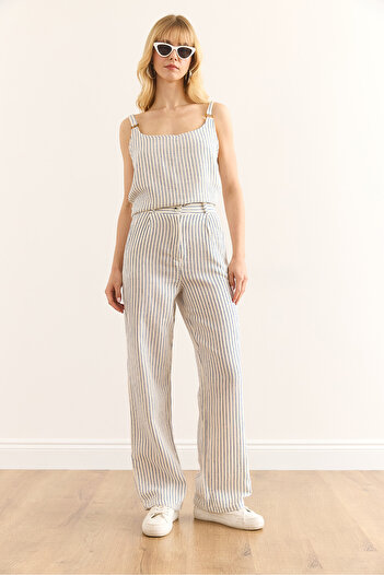 Olalook Women's Blue Pocket Zippered Striped Muslin Trousers Pnt-19000339