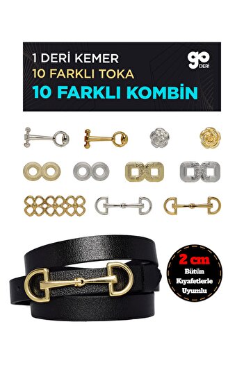 GoDeri 2cm Wide Genuine Leather Black Women's Belt Set - for 1 Belt and 10 Buckles