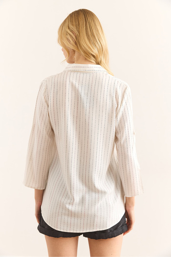 Olalook Women's Black Burgundy Colored Striped Flowy Viscose Shirt Gml-19001341
