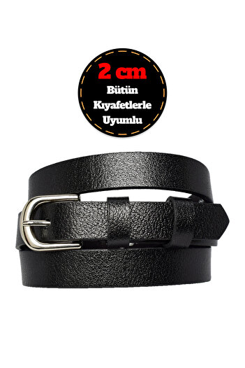 GoDeri Black Genuine Leather Women's Belt - 2 cm Thin, Silver Buckle, for Dress and Trousers