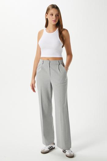 Ritnice Women's City Elastic Waist Poly Viscose Light Gray Woven Trousers