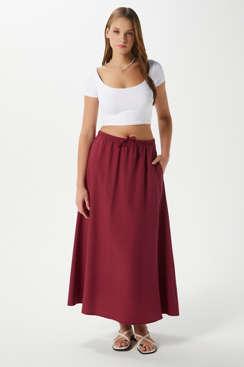 Ritnice Women's Seaside Burgundy Lined Elastic Waist Pocket Woven Long Skirt