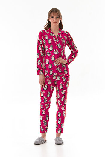 Fulla Moda Penguin Patterned Shirt Collar Suede Pajama Set