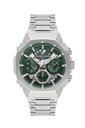 Daniel Klein Men's Silver Multi Function Metal Cord Wrist Watch - Green Chronograph Dial with Calendar