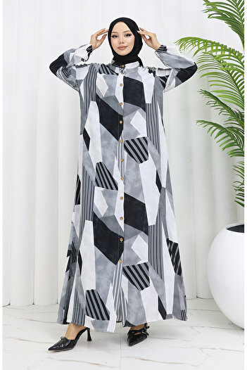 sefamerve Viscose Fabric Buttoned Dress 0051-04 Gray Black