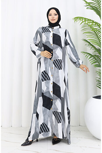 sefamerve Viscose Fabric Buttoned Dress 0051-04 Gray Black
