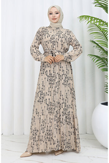 sefamerve Viscose Fabric Buttoned Belted Dress 4075-04 Mink