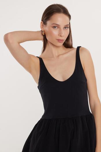 Tudors Women's Slim Fit Slim Fit Thin Strap Balloon Skirt Black Dress