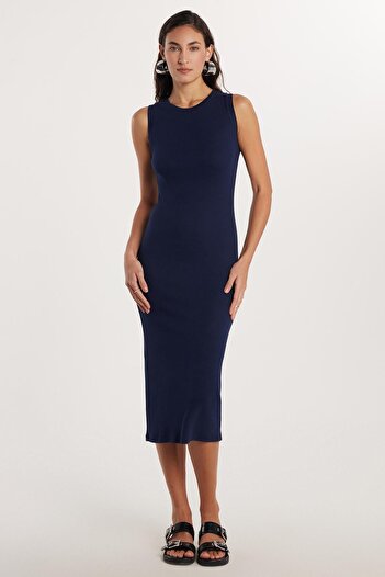 Tudors Women's Slim Fit Slim Fit Modal Crew Neck Zero Sleeve Maxi Navy Blue Dress