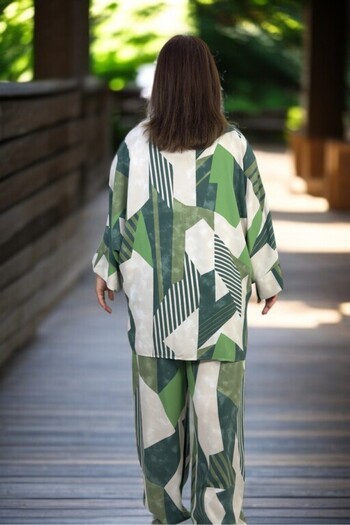 yagmurberen Oversize Cut Cotton Summer Fabric Front Buttoned Shirt Waist Elastic Pants Large Size Suit