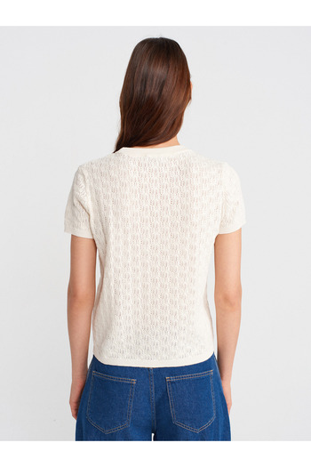Dilvin 10760 Crew Neck Patterned Knitwear Blouse-Ecru