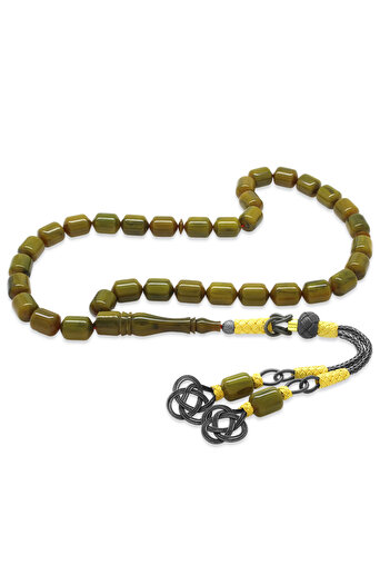 Tesbihane 1000 Sterling Silver Kazaz Tasseled Tip Capsule Cut Dark Green Bleeding Tie Rosary