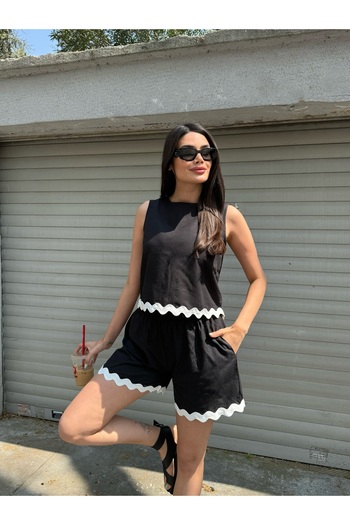 LE CARAMBOLE Women's Black Hem Detailed Linen Blouse Shorts Double Bottom Top Set