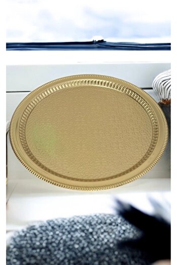 LeesHome Decorative Embroidered Patterned Gold Round Presentation Tray Promise Engagement Tray 35X35 cm