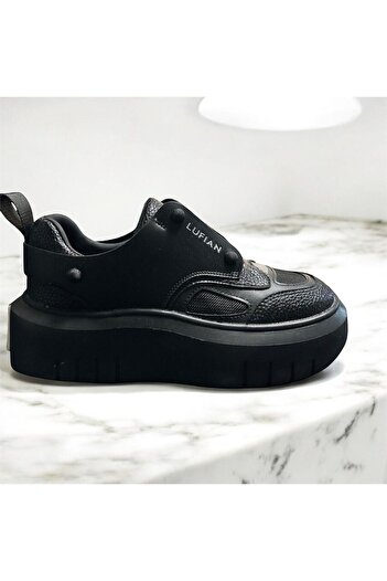 Lufian Genuine Leather Thick Sole Lace up Casual Sneaker Shoes Black
