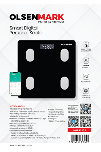 Olsenmark Ombs2256 Digital Personal Scale, 180kg Capacity ,link With Phone , Weighing Machine, Measurement