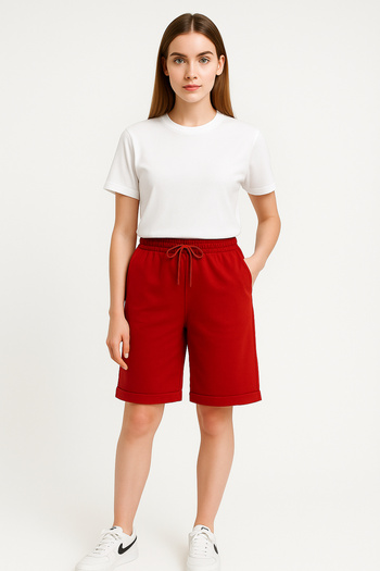 OXVİN Relax Return Combed Cotton Folded Leg Full Lycra Oversize Bermuda Women's Shorts Red