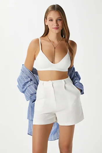 Ritnice Women's Carla Flam Linen Elastic Waist Ecru Shorts