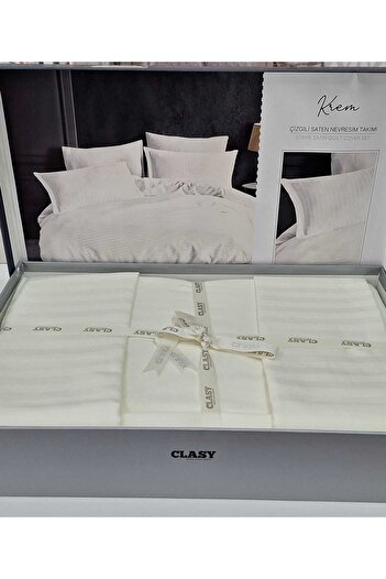 Aran Clasy Double Ecru Satin Duvet Cover Set - Clasy Striped