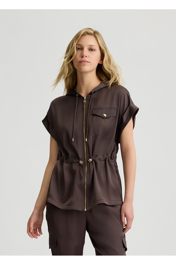 Liu Jo Women's Short Sleeve Waist Drawstring Hooded Collar Brown Jacket Ta5236Ts964-91016