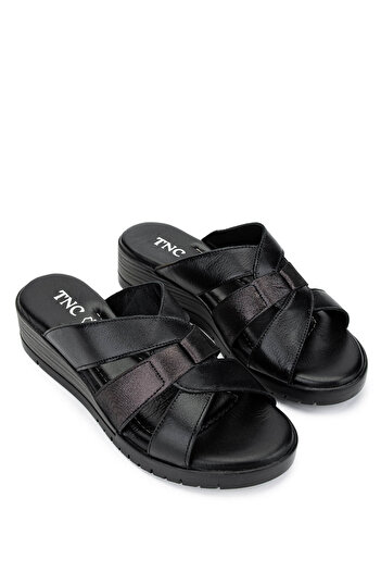 Tamer Tanca Women's Genuine Leather Black Heeled Slippers