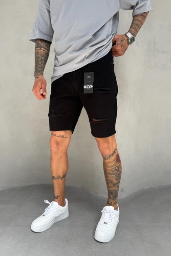 MADZEYMODA Black Denim Fabric Ripped Detailed Men's Jean Jeans Shorts Ke-462