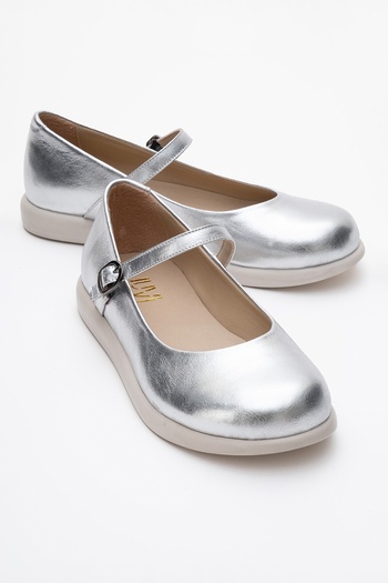 LuviShoes Anisa Metallic Silver Banded Genuine Leather Women's Ballerina Shoes
