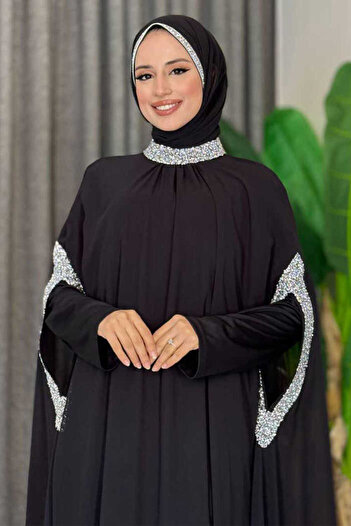 Bym Fashion Taş İşleme Detaylı Elbiseli Pelerin Takım 3875 Siyah