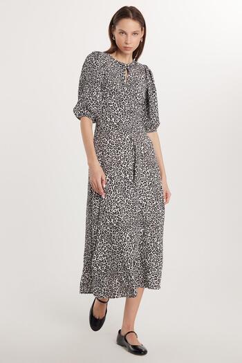 Tudors Women's Regular Fit Classic Cut Balloon Sleeve Leopard Print Dress