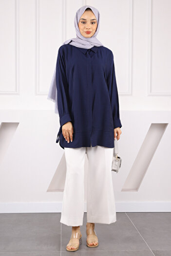 İmajButik Navy Blue Sleeve Tie Tunic