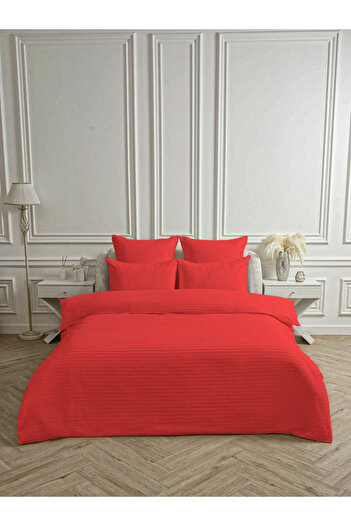 Teksev Line Red Cotton Satin Double Duvet Cover Set 4 Piece Set with Elastic Sheets