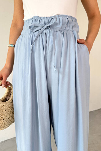 Cappmoda Pnt-07418 Baby Blue Loose Trousers with Elastic Waist and Ties