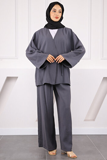 İmajButik Smoked Waist Tie Modal Kimono Pants Suit