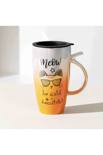 PUFO Tall ceramic mug with lid Pufo Wild & Beautiful, for coffee or tea, 450 ml