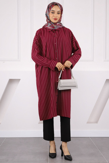 İmajButik Burgundy Striped Slit Tunic