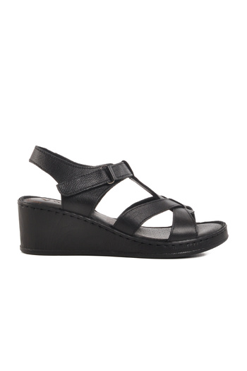 Voyager Black Genuine Leather Women's Wedge Heel Sandals
