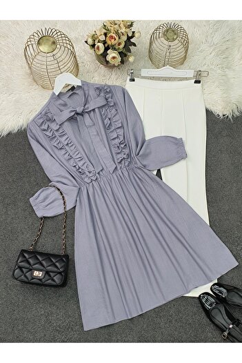 Modamorfo Ruffled Ayrobin Tunic with Lace-Up Collar - Light Gray