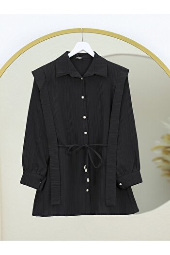 Modamorfo Pearl Buttoned Crinkle Shirt with Tied Shoulders and Waist - Black