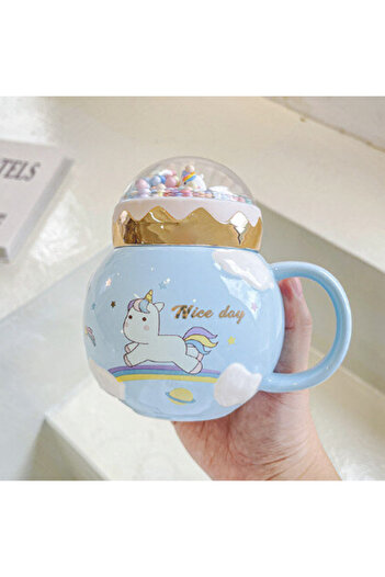 PUFO Unicorn World ceramic mug with lid for coffee or tea, 400 ml, blue