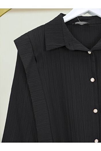 Modamorfo Pearl Buttoned Crinkle Shirt with Tied Shoulders and Waist - Black