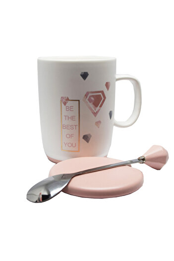 PUFO Best of You ceramic mug with lid and spoon for coffee or tea, 350 ml