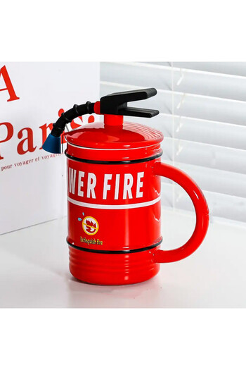 PUFO Stop Fire ceramic mug with lid and spoon for coffee or tea, 400 ml, red