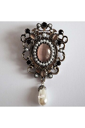PUFO Elegant Pufo Mystic brooch with purple stones and white beads, metallic