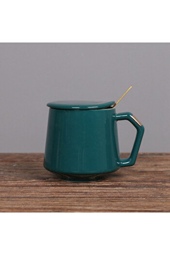 PUFO Ellegance ceramic mug with lid and spoon for coffee or tea, 300 ml, green