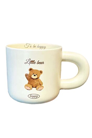PUFO Happy Bear ceramic mug with lid and spoon for coffee or tea, 350 ml, white