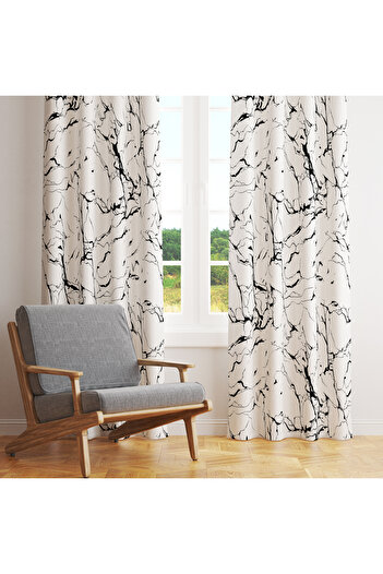 LadiesHome Siyah Mermer Desenli Fon Perde – Modern & Şık Dekorasyon 140x260 CM Tek Kanat