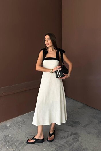 buğrahayalin Beige Shoulder Tie Linen Dress