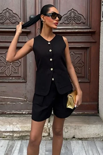 Viyamo Gold Button Detailed Vest Shorts Cotton Set 10134-17