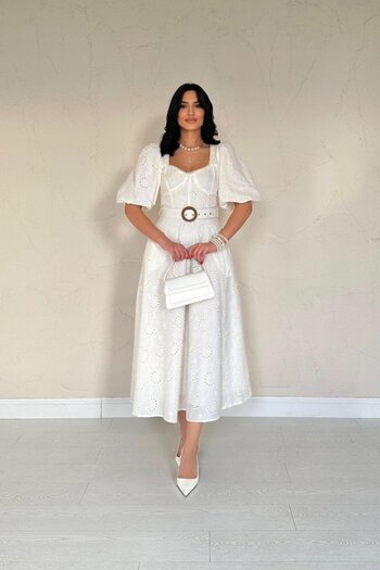 MRA Fashion Ecru Chest Cup Detailed Belted Brode Dress